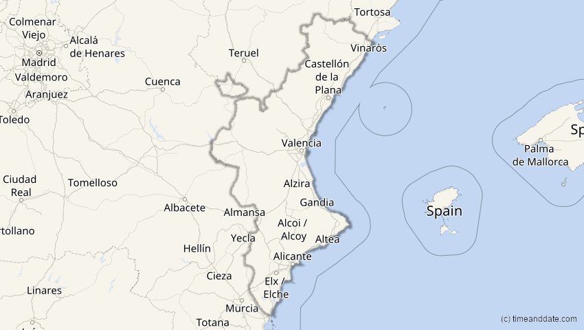 A map of Valencia, Spanien, showing the path of the 3. Nov 2013 Totale Sonnenfinsternis