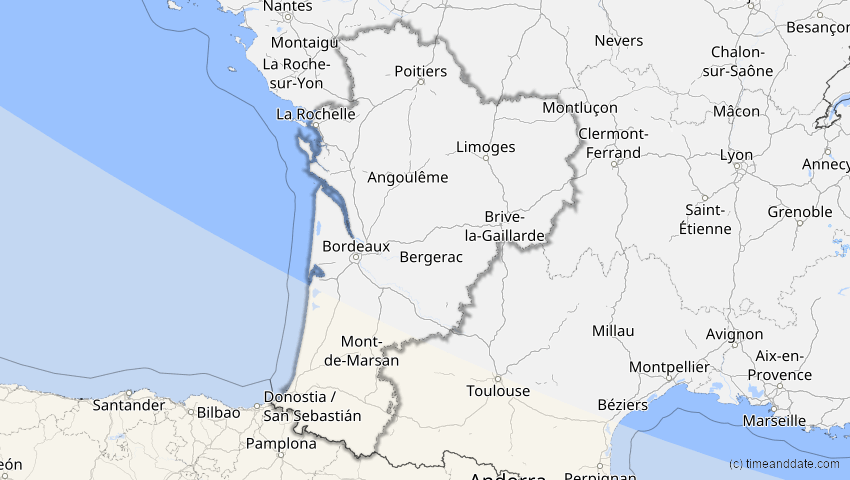 A map of Nouvelle-Aquitaine, Frankreich, showing the path of the 3. Nov 2013 Totale Sonnenfinsternis