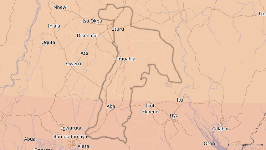 A map of Abia, Nigeria, showing the path of the 3. Nov 2013 Totale Sonnenfinsternis