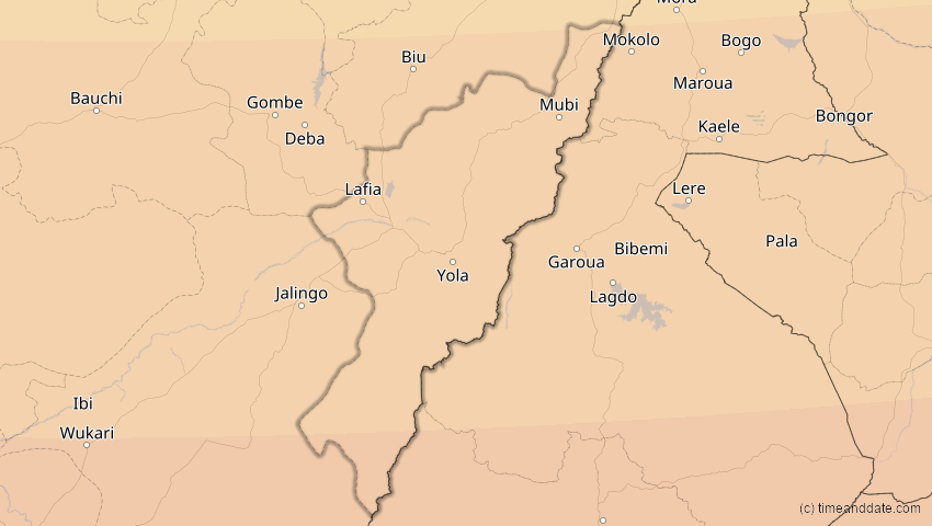 A map of Adamawa, Nigeria, showing the path of the 3. Nov 2013 Totale Sonnenfinsternis