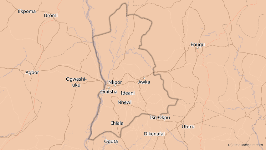 A map of  Anambra, Nigeria, showing the path of the 3. Nov 2013 Totale Sonnenfinsternis