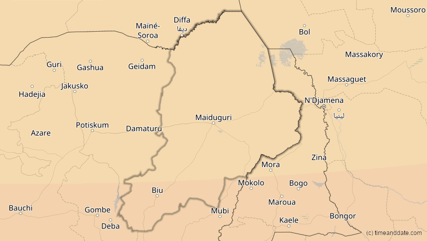 A map of Borno, Nigeria, showing the path of the 3. Nov 2013 Totale Sonnenfinsternis
