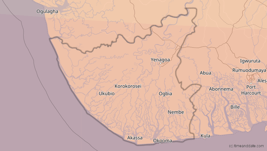 A map of Bayelsa, Nigeria, showing the path of the 3. Nov 2013 Totale Sonnenfinsternis