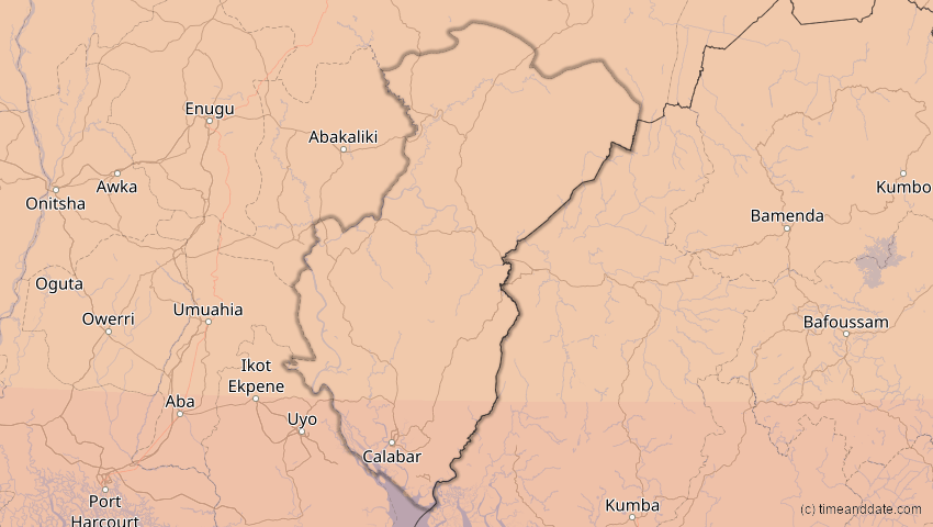 A map of Cross River, Nigeria, showing the path of the 3. Nov 2013 Totale Sonnenfinsternis