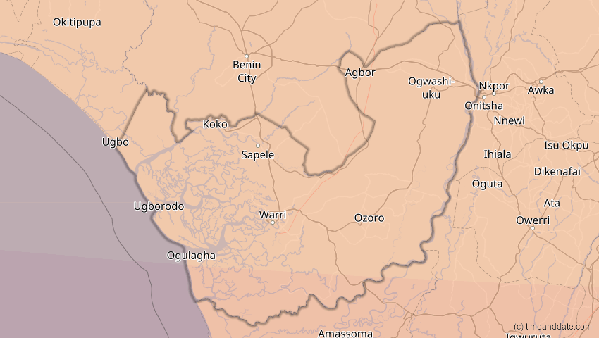A map of Delta, Nigeria, showing the path of the 3. Nov 2013 Totale Sonnenfinsternis