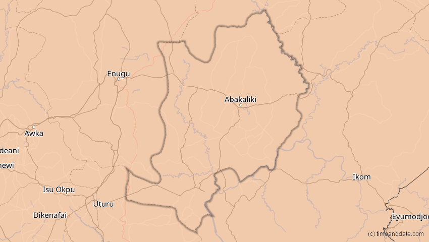 A map of Ebonyi, Nigeria, showing the path of the 3. Nov 2013 Totale Sonnenfinsternis