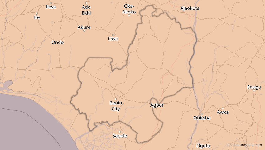 A map of Edo, Nigeria, showing the path of the 3. Nov 2013 Totale Sonnenfinsternis