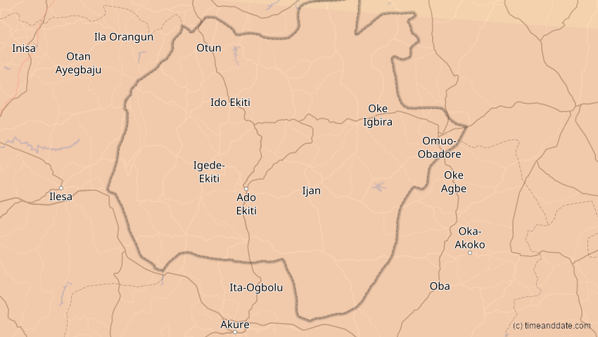 A map of Ekiti, Nigeria, showing the path of the 3. Nov 2013 Totale Sonnenfinsternis