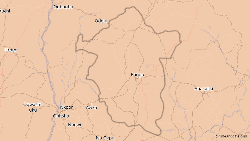A map of Enugu, Nigeria, showing the path of the 3. Nov 2013 Totale Sonnenfinsternis