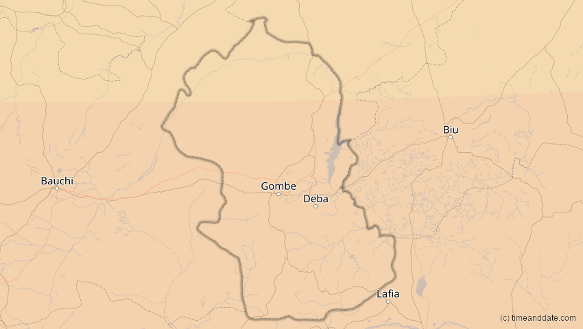 A map of Gombe, Nigeria, showing the path of the 3. Nov 2013 Totale Sonnenfinsternis