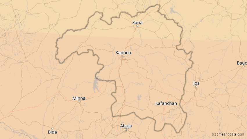 A map of Kaduna, Nigeria, showing the path of the 3. Nov 2013 Totale Sonnenfinsternis