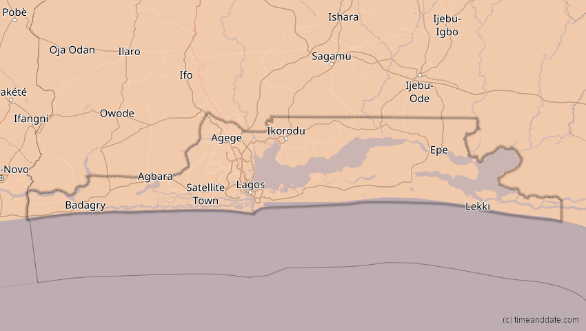 A map of Lagos, Nigeria, showing the path of the 3. Nov 2013 Totale Sonnenfinsternis