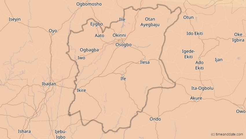 A map of Osun, Nigeria, showing the path of the 3. Nov 2013 Totale Sonnenfinsternis