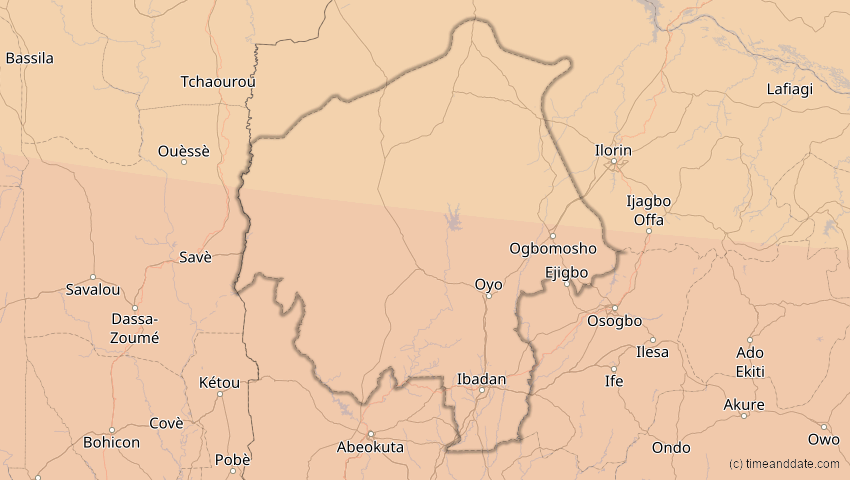A map of Oyo, Nigeria, showing the path of the 3. Nov 2013 Totale Sonnenfinsternis