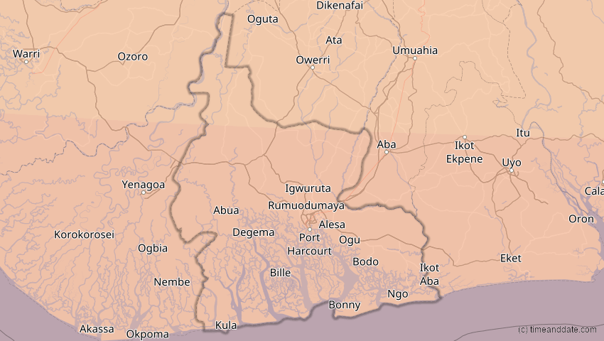 A map of Rivers, Nigeria, showing the path of the 3. Nov 2013 Totale Sonnenfinsternis