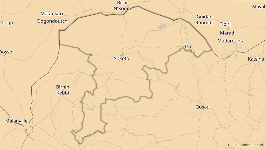 A map of Sokoto, Nigeria, showing the path of the 3. Nov 2013 Totale Sonnenfinsternis