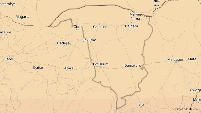 A map of Yobe, Nigeria, showing the path of the 3. Nov 2013 Totale Sonnenfinsternis