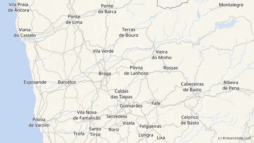 A map of Braga, Portugal, showing the path of the 3. Nov 2013 Totale Sonnenfinsternis