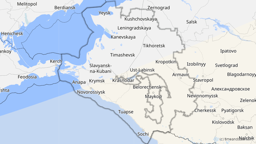 A map of Krasnodar, Russland, showing the path of the 3. Nov 2013 Totale Sonnenfinsternis