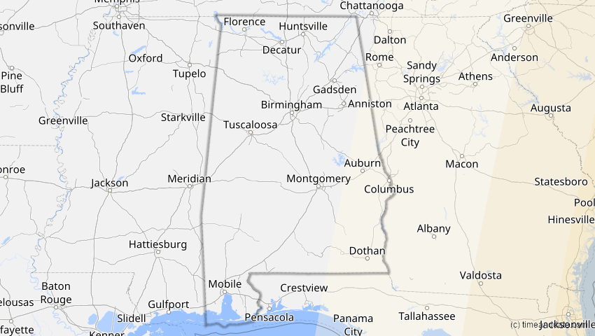 A map of Alabama, USA, showing the path of the 3. Nov 2013 Totale Sonnenfinsternis