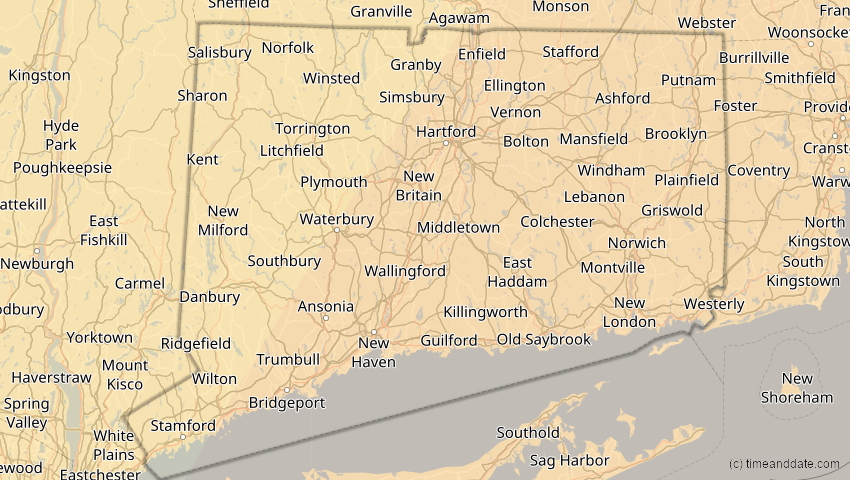 A map of Connecticut, USA, showing the path of the 3. Nov 2013 Totale Sonnenfinsternis