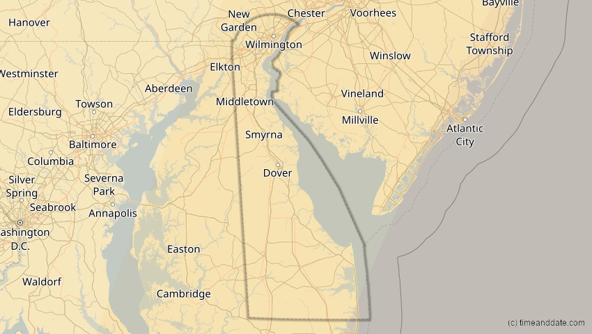 A map of Delaware, USA, showing the path of the 3. Nov 2013 Totale Sonnenfinsternis