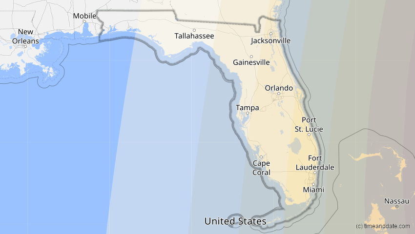 A map of Florida, USA, showing the path of the 3. Nov 2013 Totale Sonnenfinsternis