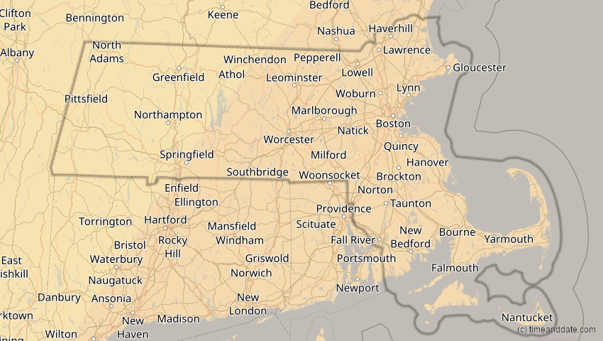 A map of Massachusetts, USA, showing the path of the 3. Nov 2013 Totale Sonnenfinsternis
