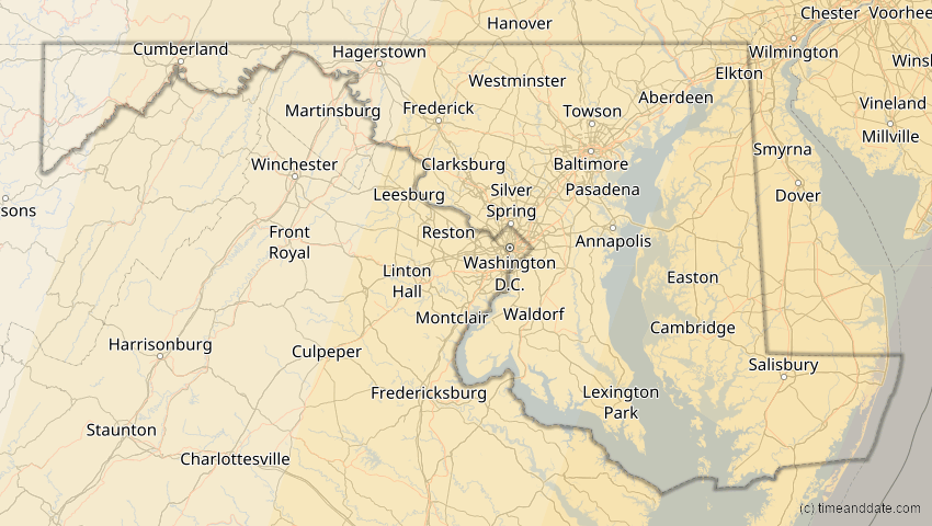 A map of Maryland, USA, showing the path of the 3. Nov 2013 Totale Sonnenfinsternis