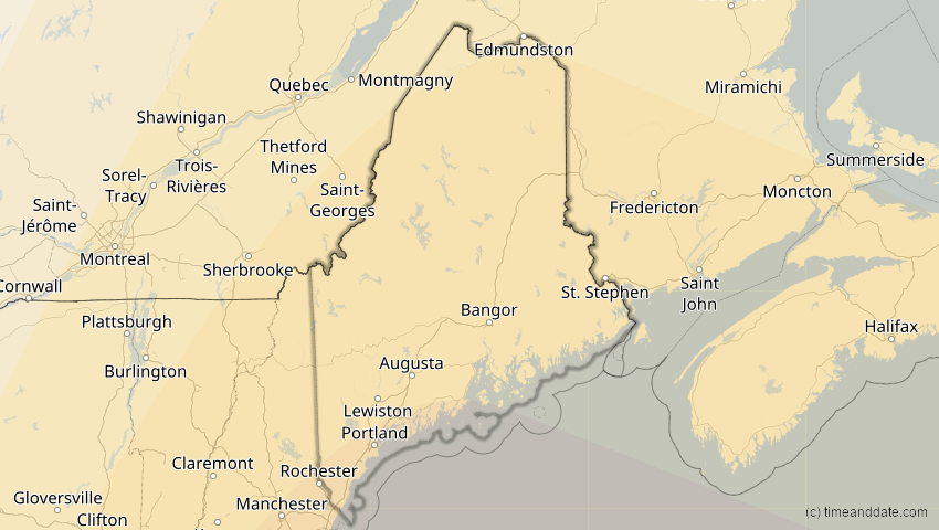 A map of Maine, USA, showing the path of the 3. Nov 2013 Totale Sonnenfinsternis