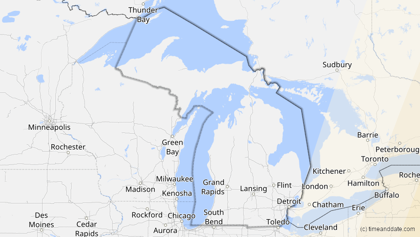 A map of Michigan, USA, showing the path of the 3. Nov 2013 Totale Sonnenfinsternis