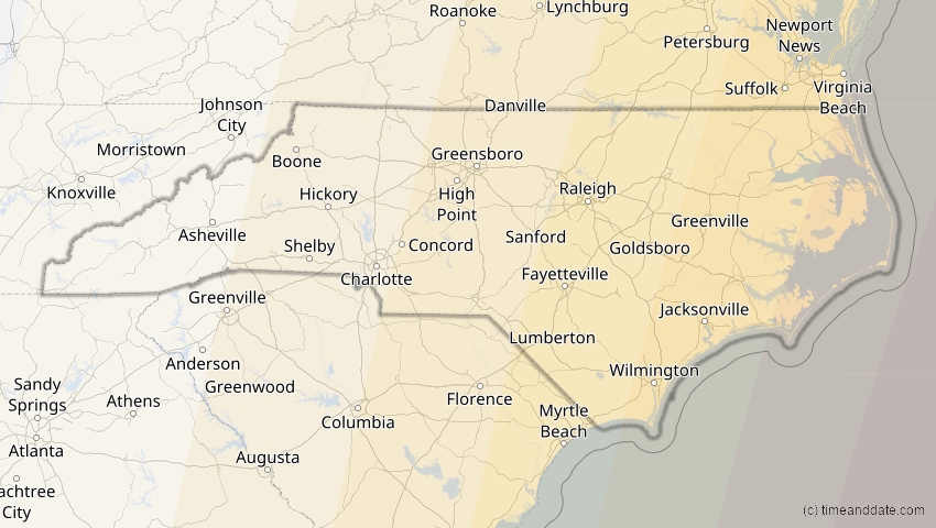 A map of North Carolina, USA, showing the path of the 3. Nov 2013 Totale Sonnenfinsternis