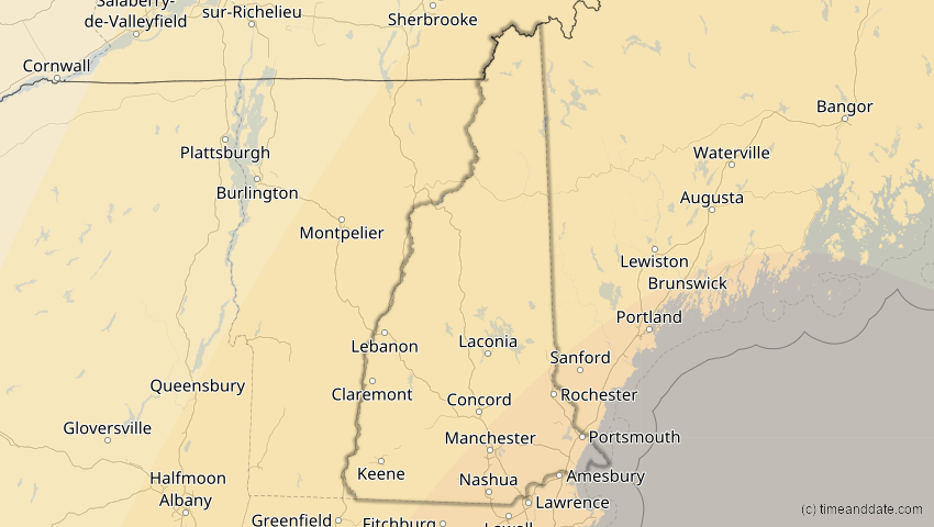 A map of New Hampshire, USA, showing the path of the 3. Nov 2013 Totale Sonnenfinsternis