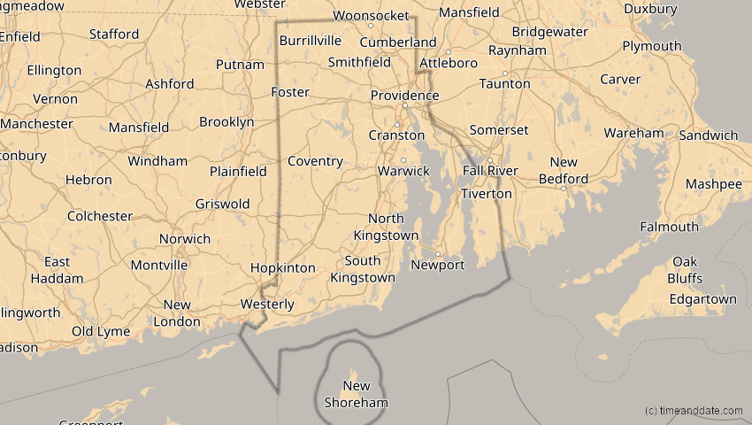 A map of Rhode Island, USA, showing the path of the 3. Nov 2013 Totale Sonnenfinsternis