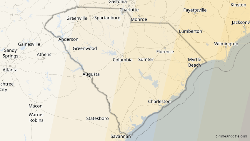 A map of South Carolina, USA, showing the path of the 3. Nov 2013 Totale Sonnenfinsternis