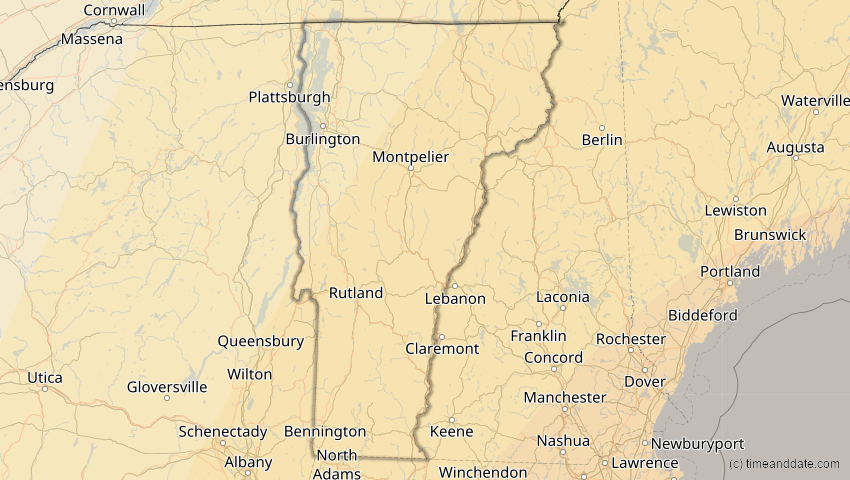 A map of Vermont, USA, showing the path of the 3. Nov 2013 Totale Sonnenfinsternis