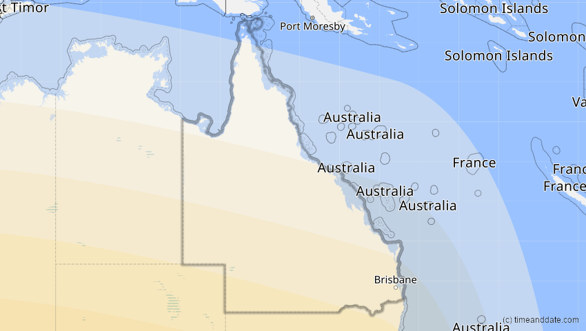 A map of Queensland, Australien, showing the path of the 29. Apr 2014 Ringförmige Sonnenfinsternis