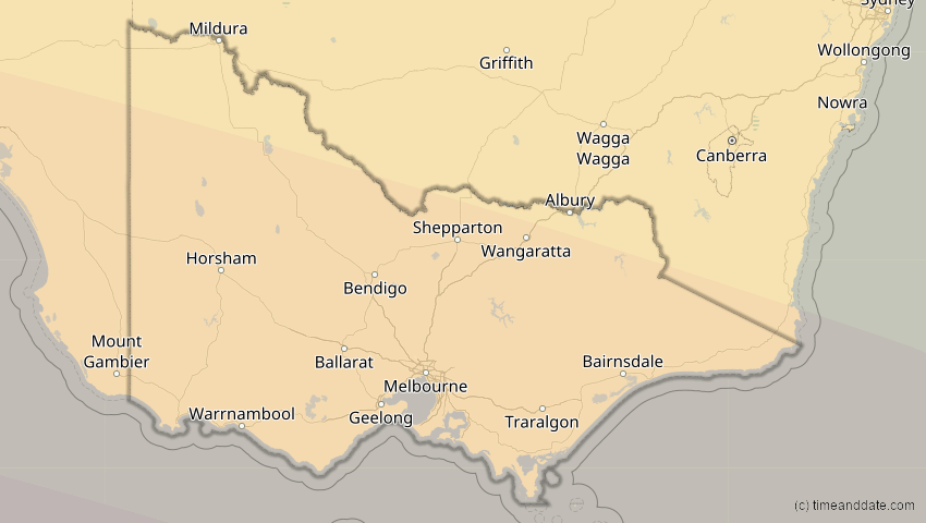 A map of Victoria, Australien, showing the path of the 29. Apr 2014 Ringförmige Sonnenfinsternis