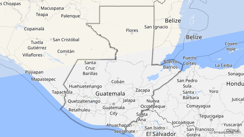 A map of Guatemala, showing the path of the 23. Okt 2014 Partielle Sonnenfinsternis