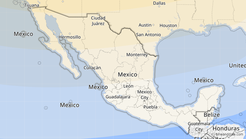 A map of Mexiko, showing the path of the 23. Okt 2014 Partielle Sonnenfinsternis