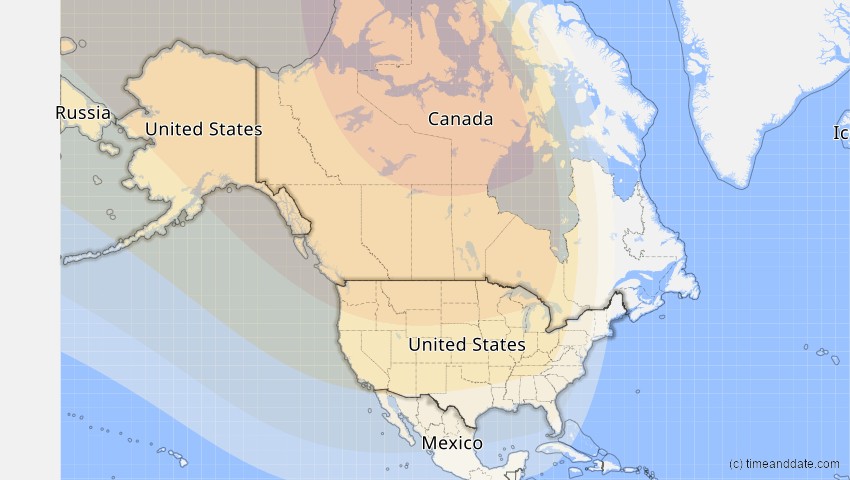 A map of USA, showing the path of the 23. Okt 2014 Partielle Sonnenfinsternis