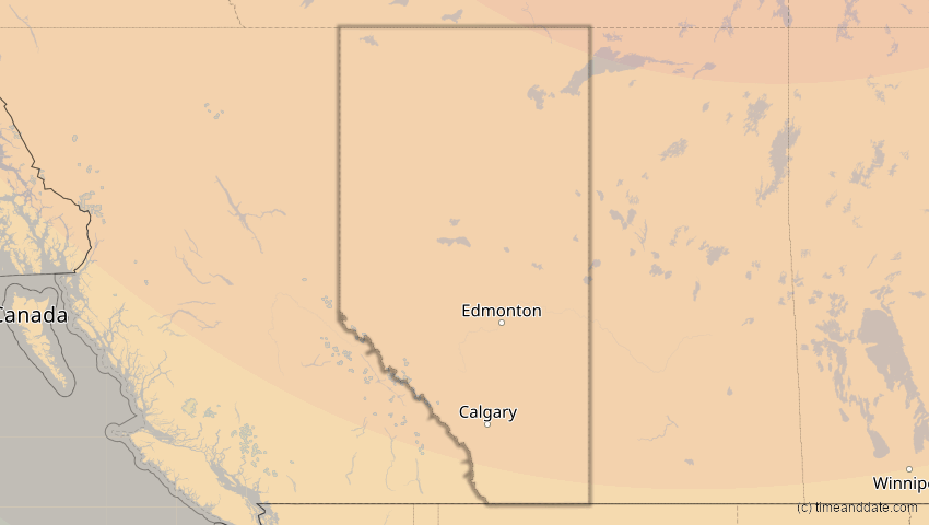 A map of Alberta, Kanada, showing the path of the 23. Okt 2014 Partielle Sonnenfinsternis