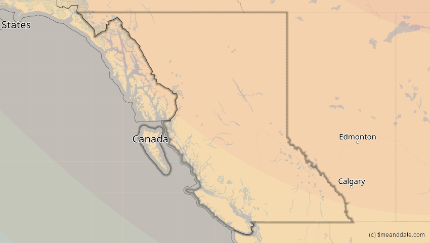 A map of British Columbia, Kanada, showing the path of the 23. Okt 2014 Partielle Sonnenfinsternis