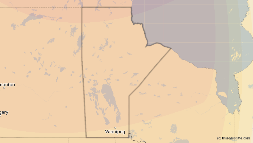 A map of Manitoba, Kanada, showing the path of the 23. Okt 2014 Partielle Sonnenfinsternis