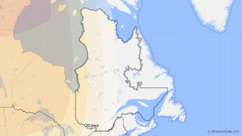 A map of Québec, Kanada, showing the path of the 23. Okt 2014 Partielle Sonnenfinsternis