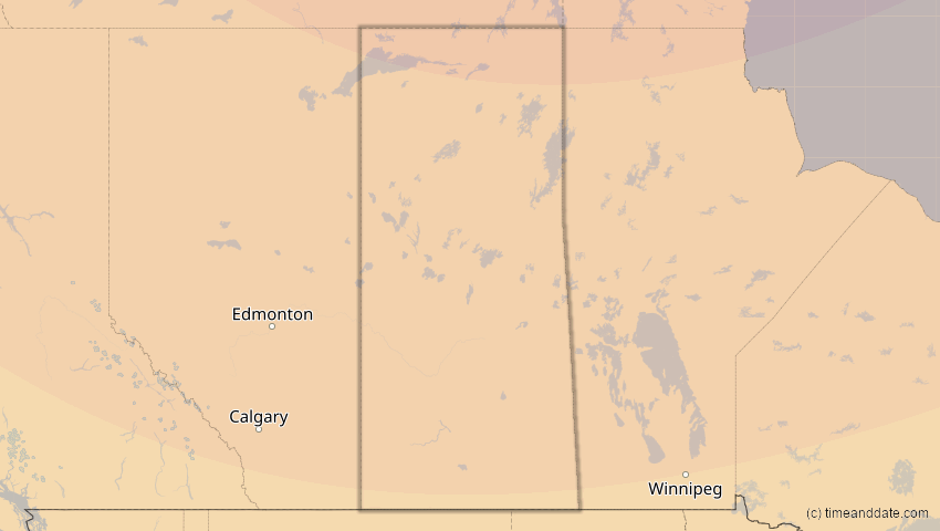 A map of Saskatchewan, Kanada, showing the path of the 23. Okt 2014 Partielle Sonnenfinsternis
