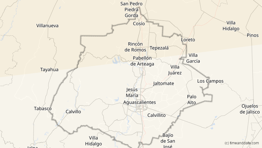 A map of Aguascalientes, Mexiko, showing the path of the 23. Okt 2014 Partielle Sonnenfinsternis