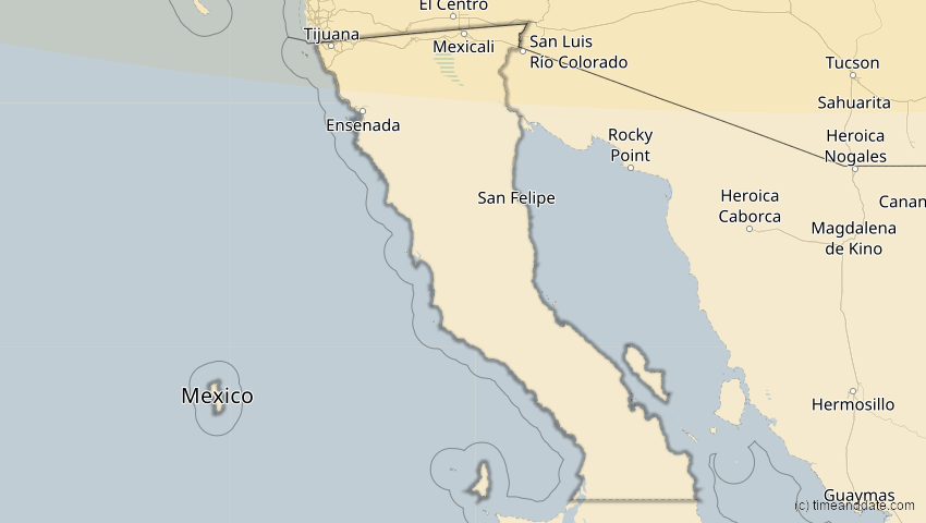 A map of Baja California, Mexiko, showing the path of the 23. Okt 2014 Partielle Sonnenfinsternis