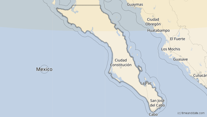 A map of Baja California Sur, Mexiko, showing the path of the 23. Okt 2014 Partielle Sonnenfinsternis