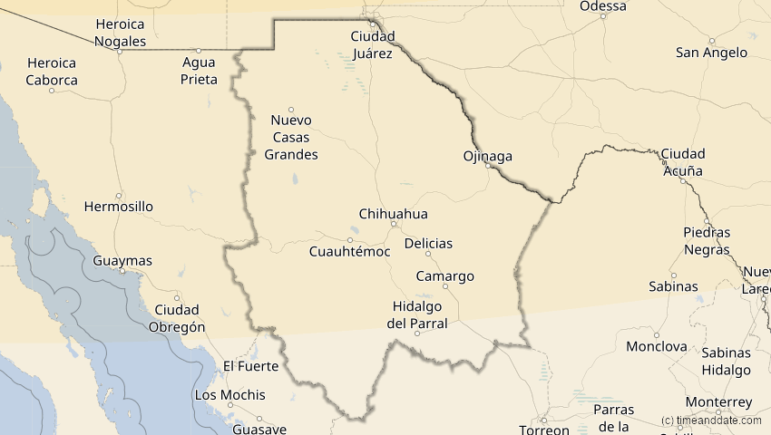 A map of Chihuahua, Mexiko, showing the path of the 23. Okt 2014 Partielle Sonnenfinsternis
